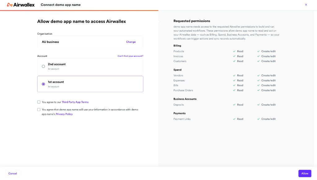 Select your account and review permissions